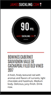90 puntos de James Suckling para Fillo Cabernet Sauvignon de Bowines